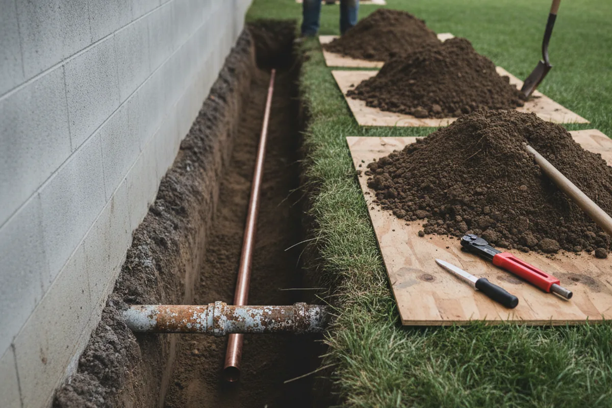 Excavated water line trench during Water Softener Installation in Fort Edward